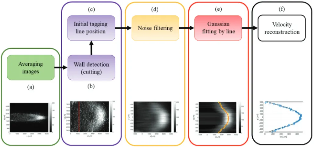 Figure 9. Flow chart of the image post-processing: (a) image averaging; (b) detecting wall position and image cutting; (c) detecting tagged line position; (d) ﬁltering background noise; (e) Gaussian ﬁtting per each horizontal line of pixels; and (f) veloci