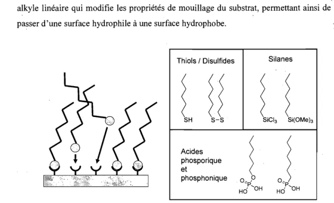 Figure 1.3  :  Représentation schématique d'un greffage chimique de molécules fonctionnalisées  par auto-assemblage à partir d'une solution et exemples de groupements d'ancrage
