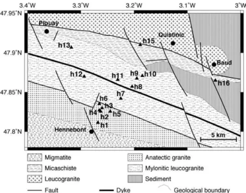 Figure 3. Geological map of the studied area. Triangles indicate the location of the outcrops.