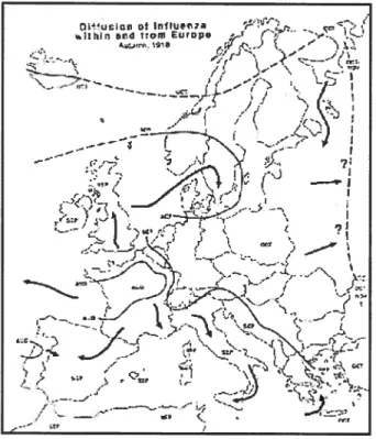 Figure 4 : Diffusion de la deuxième vague de la grippe espagnole en Europe, automne 1918.