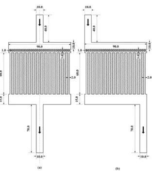 Figure 4. Geometry and dimensions of studied multi-tubular equipment (unit: mm): (a) middle inlet-outlet; (b) 2 