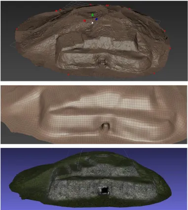 Fig. 27. Cairn, before and after retopology, then textured for real time use. 