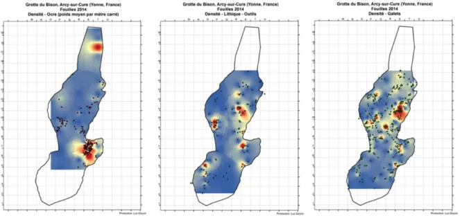 Figure  10 :  Répartition  spatiale  et  densité  de  l’ocre  (gauche),  des  outils  lithiques  (centre)  et  des  galets 