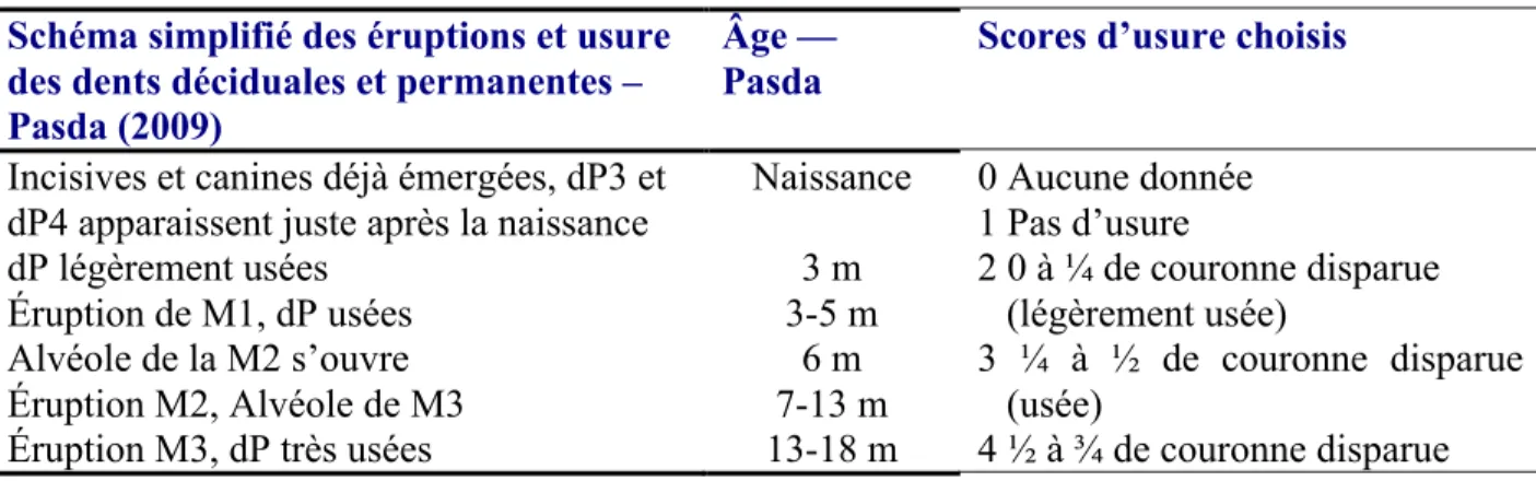 Tableau 7 : Tableau d’éruption et d’usure des dents déciduales et permanentes du renne (Pasda, 2009)