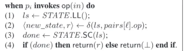 Figure 5: WF-compliant universal construction for abortable objects (system model CARW n [LL/SC]) When a process p i invokes an operation op(in) on the object, it reads its current state to obtain a local copy (line 1)
