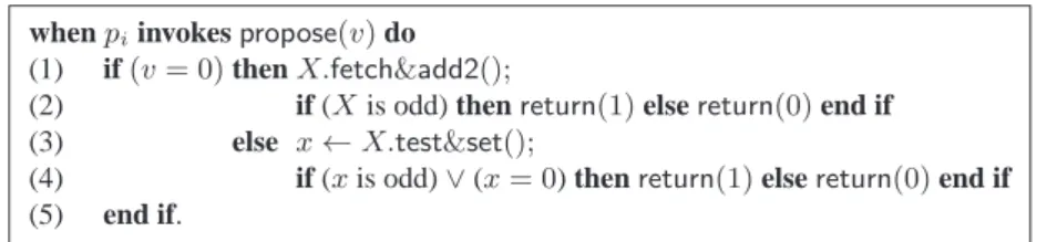 Figure 7: A wait-free consensus algorithm in CARW n [Test&amp;Set, Fetch&amp;Add2] (code for process p i ) The internal representation of the binary consensus object is a single memory location X, initialized to 0