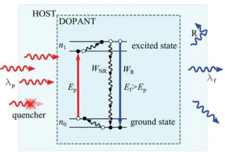 Figure 1.  Scheme of laser cooling cycle in Yb 3+ -doped systems. Here  λ p  is the pump wavelength,  λ f  is the  fluorescence wavelength, E p  is the pump energy, E f  is the fluorescence energy, R is the reabsorption, and W r  is  the radiative and W nr