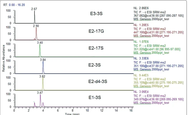 Fig. 5  Representative chromatograms of a 2 μg L −1  standard mixture and of a 0.5 μg L −1  internal standard of the conjugated estrogens analyzed in  river water