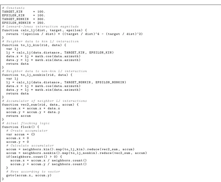 Figure 4: An example Buzz script to define the spatial interaction among swarms. Through the neighbors.kin() and neighbors.nonkin() methods, it is possible to encode a logic that maintains a short distance between robots in the same swarm, and a long dista