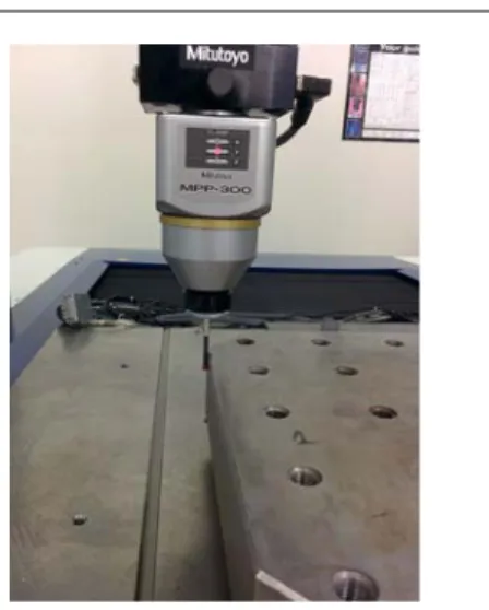 Fig. 10. Mitutoyo MPP-300 scanning probe to measure a 15 mm by 15 mm spatial grid on the CMM Table 7.