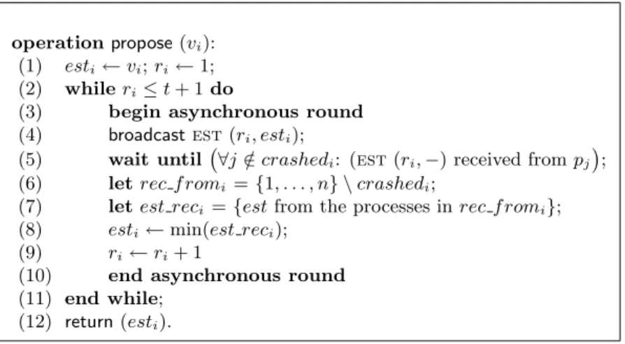 Figure 2: Consensus algorithm for AS n,t [P] (code for p i )