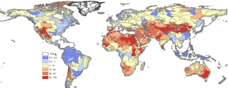 Fig. 2 AWARE characterization factors for water scarcity footprint in m 3 world eq./m 3 consumed in region i (represented at annual level for non- non-agricultural use, i.e., equal contribution of each month)
