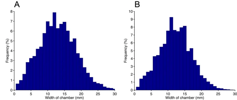 Fig. S2. Distribution of the chambers and galleries widths in L. niger nests (A) and B (B).