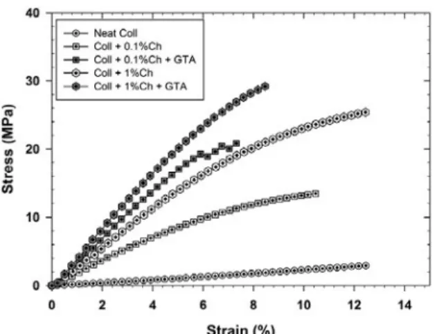 Figure 4. Stress-strain characterization of chitosan-coated and non-coated collagen membranes crosslinked with glutaraldehyde (GTA) vapor
