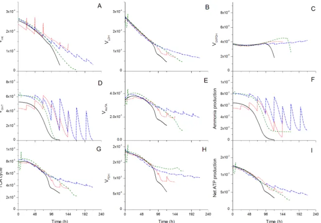 Fig 7. Model simulation of metabolic fluxes. Metabolic fluxes (all in mmol.10 -6 cells.h -1 ) were simulated for the same conditions as in Figs 2 – 4 for batch cultures using Biogro-CHO (straight line — black) and PowerCHO-2 (dashed line — green), and fed-