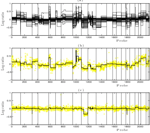 Figure 5: Graphical representation. (a) superimposition of the smoothed versions of 57 bladder tumor aCGH profiles [21] with 80 breakpoints