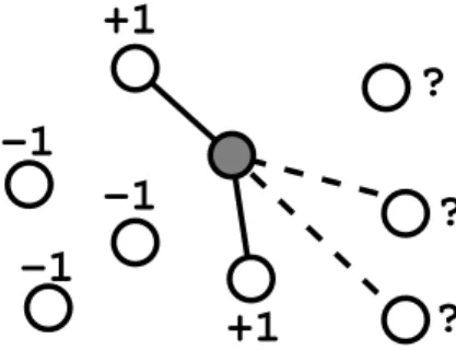 Figure 3: The subgraph of the graph pictured in Figure 2 related to a particular vertex v of the training set (shaded in the picture) induces a {−1, +1}−labelling of the other vertices in the training set, ‘+1’ indicates a vertex directly connected to v an