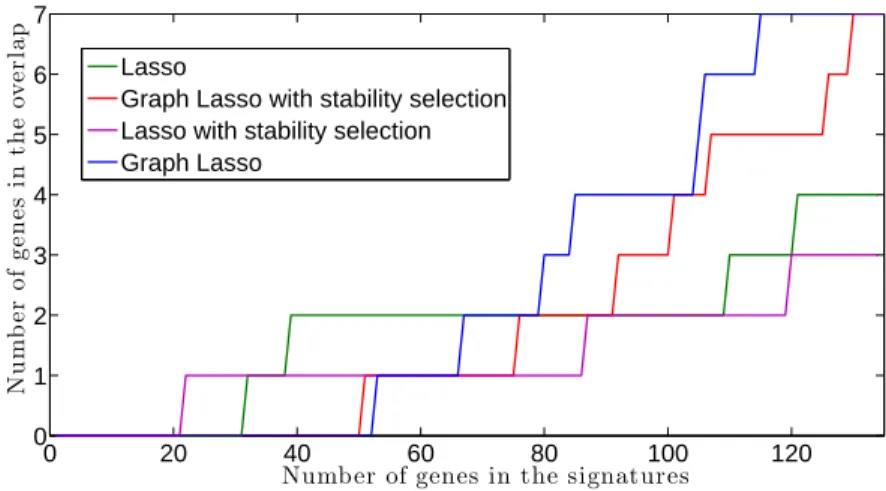 Figure 9: Number of genes present in both the signature generated on the Van’t Veer and the Wang datasets, as a function of the number of genes considered in the signature.