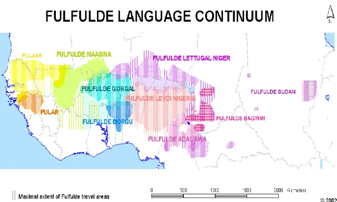 Figure n°1 : Carte des zones linguistiques peules (Harrison, 2003) 