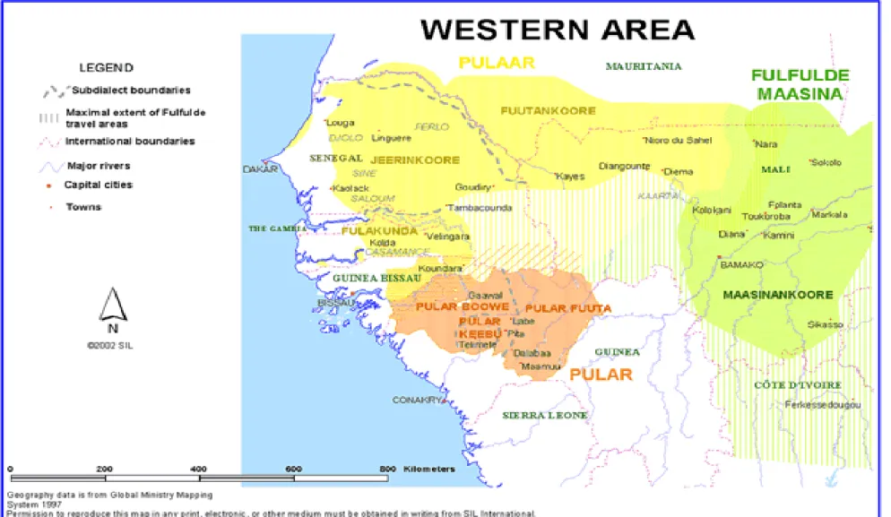 Figure n°2 : Carte des zones linguistiques peules en Afrique : parlers de l’Ouest (Harrison, 2003) 