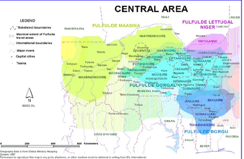 Figure n°3 : Carte des zones linguistiques peules en Afrique : parlers du Centre (Harrison, 2003) 