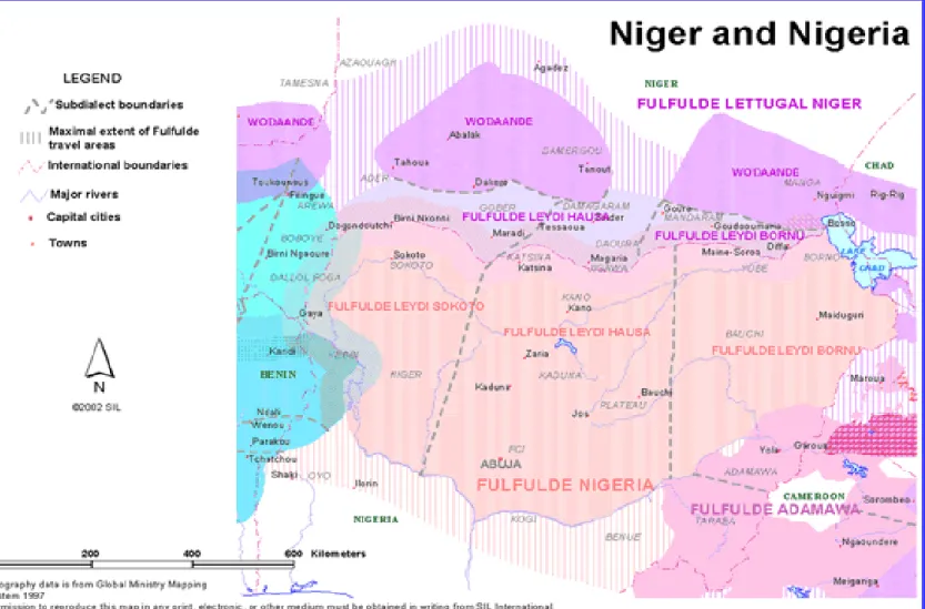 Figure n°4 : Carte des zones linguistiques peules en Afrique : parlers du Niger et du Nigéria (Harrison, 2003) 