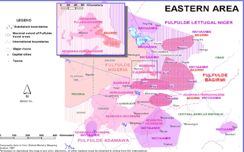 Figure n°5 : Carte des zones linguistiques peules en Afrique : parlers de l’Est (Harrison, 2003) 