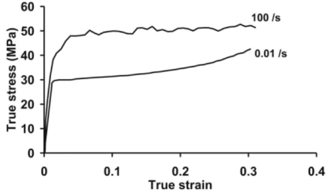 Fig. 7. Nominal stressestrain curves in tension for different strain rates. The end of the curves does not correspond to fracture.