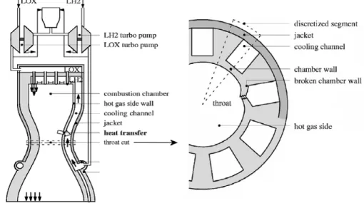 Figure 2: Schematic of a regeneratively cooled rocket engine combustion chamber.