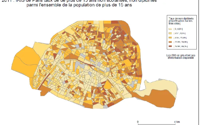 Figure 3 : Part des habitants des IRIS de Paris de plus de 15 ans sans diplôme en 2011 