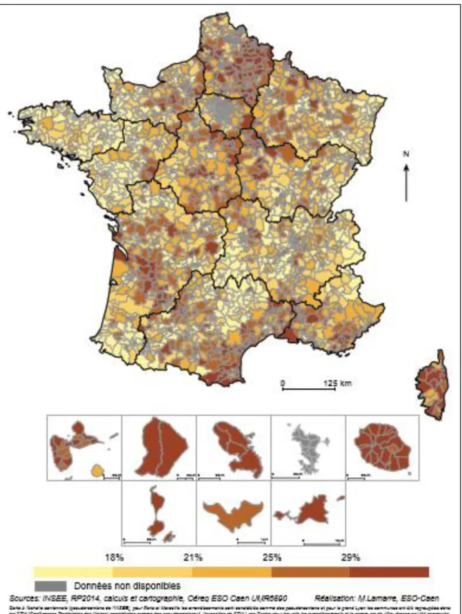 Figure 10 : Part des non-diplômés parmi les 15-24 ans non scolarisés en France métropolitaine en  2014  (bornes des classes identiques à 2011 : carte précédente) 