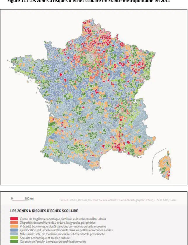 Figure 11 : Les zones à risques d'échec scolaire en France métropolitaine en 2011 