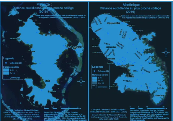 Figure 27 : Distance euclidienne au plus proche collège public ou privé en 2016 en Outre-mer  (Mayotte et Martinique) 