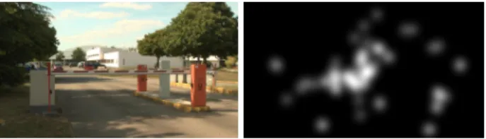 Fig. 1. First: the stereoscopic video frame; Second: the fixa- fixa-tion density map.