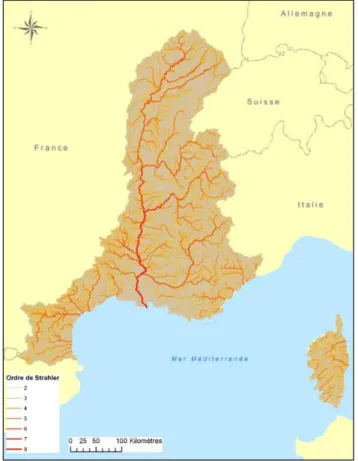 Figure 14 : Présentation du bassin Rhône Méditerranée  Corse (seuls les cours d eau dont le rang de Strahler est 