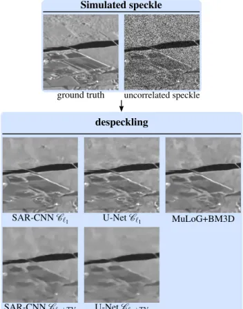 Figure 2 Results of MuLoG+BM3D and the two deep learning methods, SAR-CNN and U-Net, on an image with synthetic 1-look uncorrelated speckle