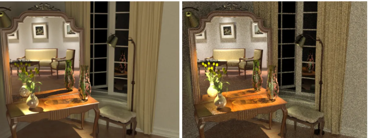 Figure 2.2: A comparison by Georgiev et al. [2012] between bidirectional path tracing (left) and stochastic progressive photon mapping (right) after 30 minutes of rendering.