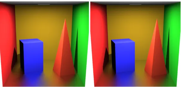 Figure 2.5: Images of Cornell Box scene from Krivanek [2005]’s dissertation. Notice the floor is a glossy surface