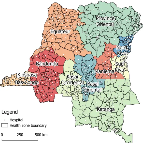 Figure 1.1: Provincial boundaries, health zones, and estimated general reference hospital locations in the DR Congo