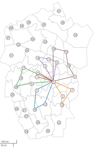 Figure 4.4: Visualization of the optimal routing solution for a subset of 20 hospitals: