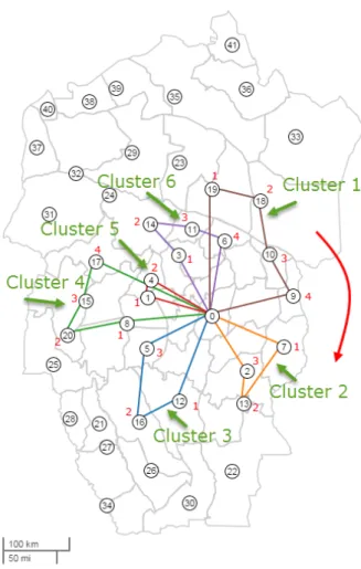 Figure 4.6: Visualization of a clockwise radial ordering of clusters corresponding to an optimal set partitioning of 20 hospitals closest to the depot