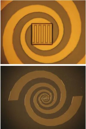 Fig. 2 Photographs of the device (36 × 36 μ m 2 ) and inter- inter-digit (2 μ m wide) details (above) and of the spiral antenna.