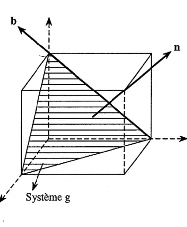 Figure IILl : Système de glissement g, n est la normale au plan de glissement, b est la direction de glissement.