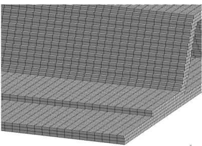 Figure 13: Stiffened panel: mesh (L x = L y = 1.5mm, L z = 4mm), 688000 nodes 3 141 000 elements, 2460s