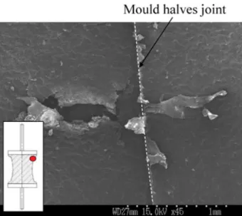 Fig. 4 Small crack at the sample feet obtained under non-relaxing uniaxial tension loading condition.