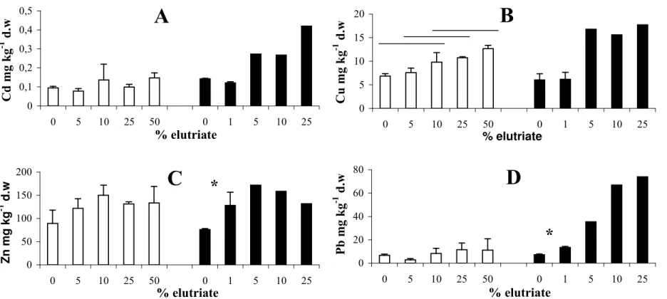 Figure 3 Total metal concentrations (mean  ±  SD, three replications) in larvae after ten days (Bidassoa, white bars) or seven days  (Dunkerque, black bars; except at 25% only 5 days) of exposure to different elutriate concentrations