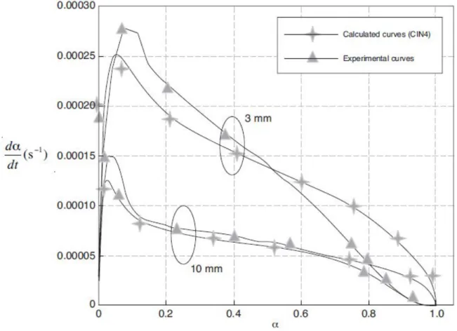 Figure 36. Comparaison expérience - modèle pour la déshydroxylation d'un tas de poudre de kaolinite [6] 