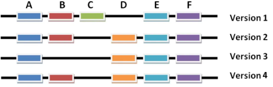 Fig. 3.1 – Un exemple d’alignement des versions successives d’un programme tions mol´eculaires, pour chercher des motifs r´ecurrents dans plusieurs parties du r´eseau