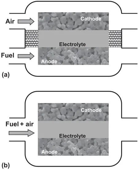 Figure 1. Air Fuel (a) CathodeAnode Fuel + air (b) CathodeAnodeElectrolyteElectrolyte