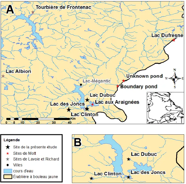 Figure 1.1: Sites des diagrammes polliniques connus dans le sud du Québec (A), avec un  accent sur le secteur de Mégantic (B)